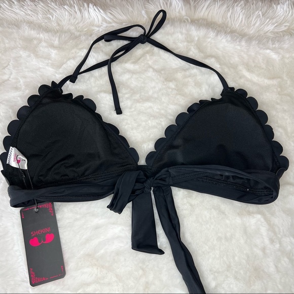 NEW Shekini Black Scalloped Edge Trim Halter Bikini Top Size L - Picture 6 of 8